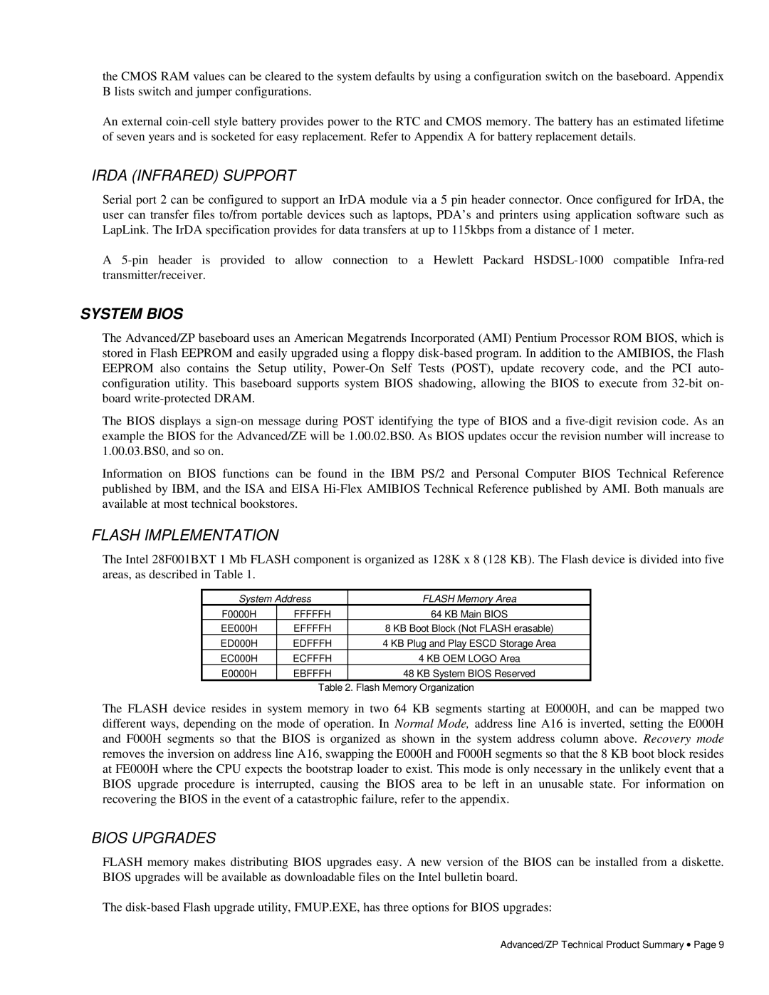 Intel 281786-002 manual Irda Infrared Support, System Bios, Flash Implementation, Bios Upgrades 