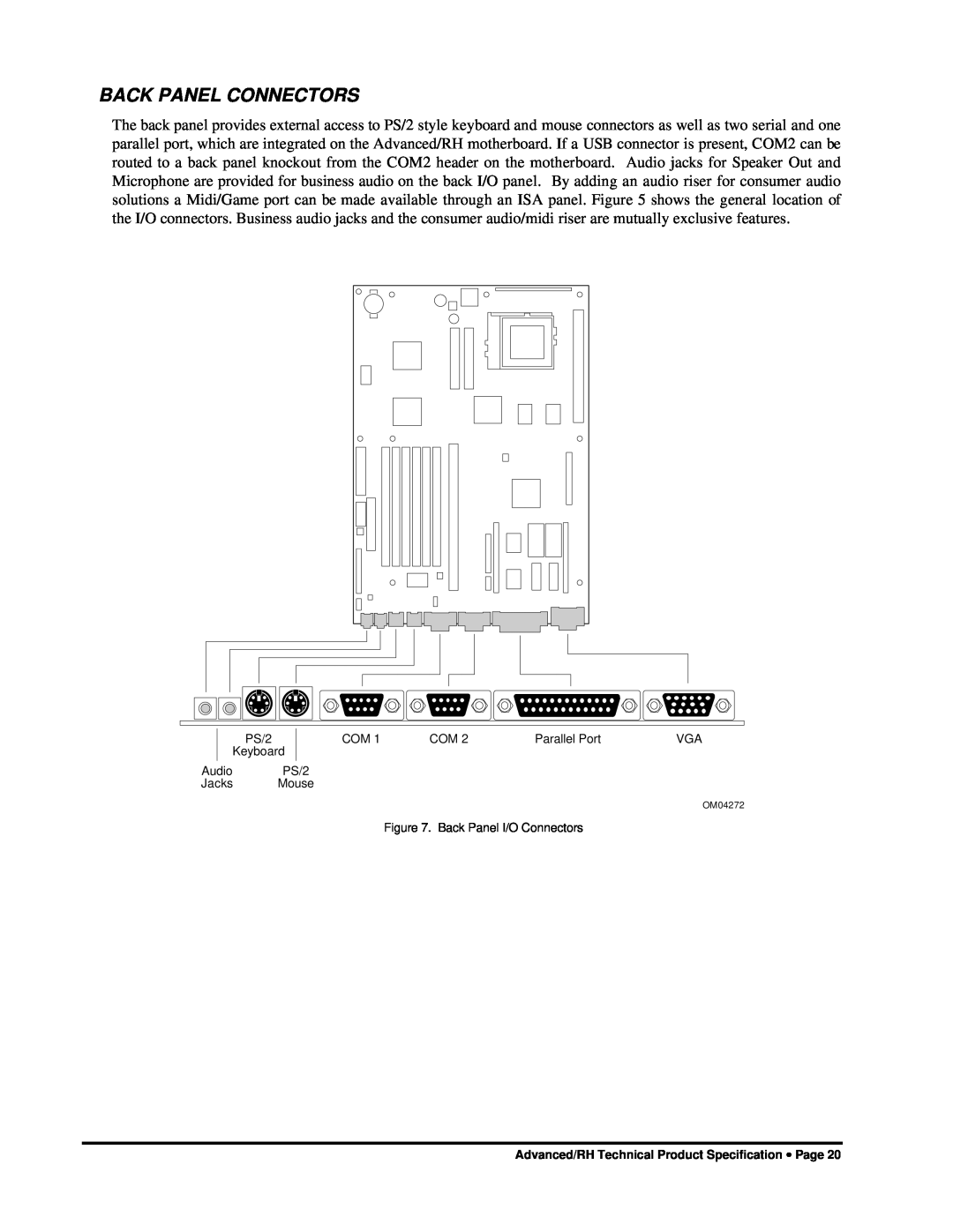 Intel 281809-003 Back Panel Connectors, PS/2 Keyboard, Parallel Port, Audio PS/2 Jacks Mouse, Back Panel I/O Connectors 