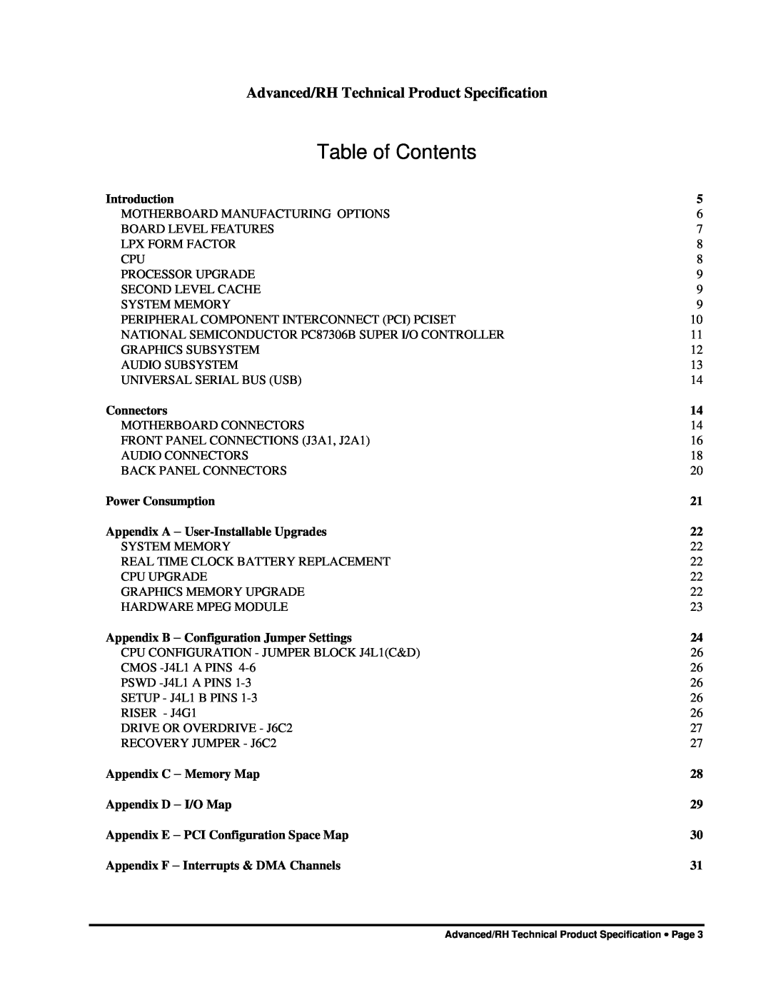 Intel 281809-003 manual Advanced/RH Technical Product Specification, Table of Contents 