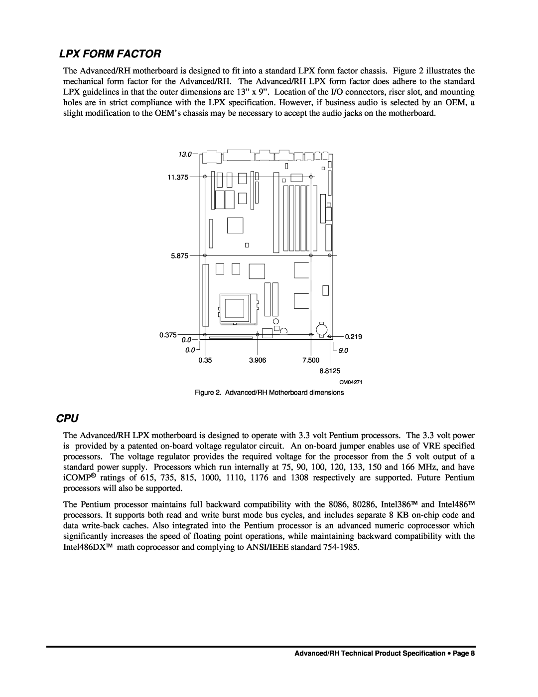 Intel 281809-003 manual Lpx Form Factor, Advanced/RH Motherboard dimensions 