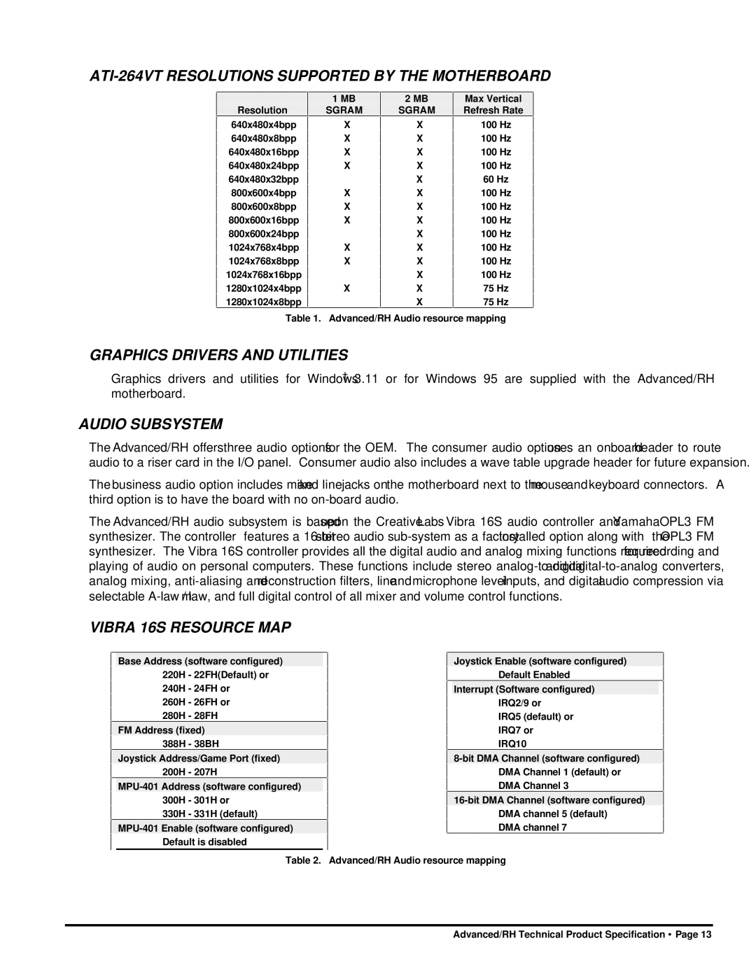 Intel 281809-003 manual ATI-264VT Resolutions Supported by the Motherboard, Graphics Drivers and Utilities, Audio Subsystem 