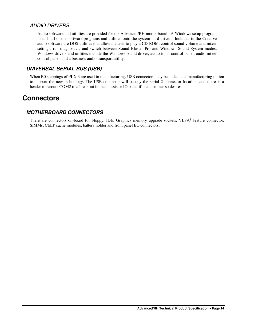 Intel 281809-003 manual Audio Drivers, Universal Serial BUS USB, Motherboard Connectors 