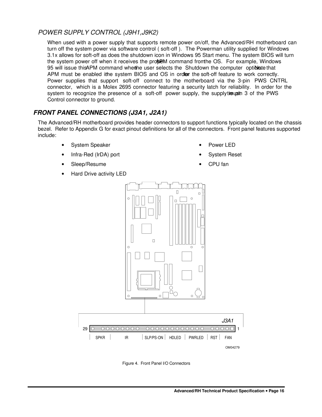 Intel 281809-003 Power Supply Control J9H1,J9K2, Front Panel Connections J3A1, J2A1, Spkr SLP/PS-ON Hdled Pwrled RST FAN 