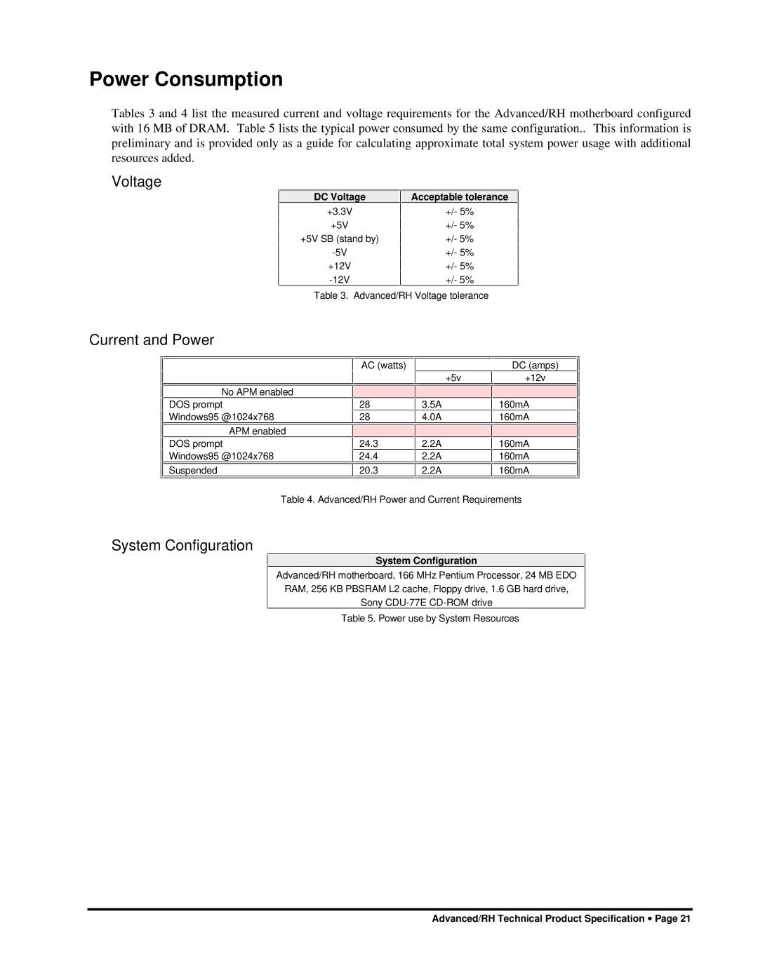 Intel 281809-003 manual Power Consumption, DC Voltage Acceptable tolerance, System Configuration 