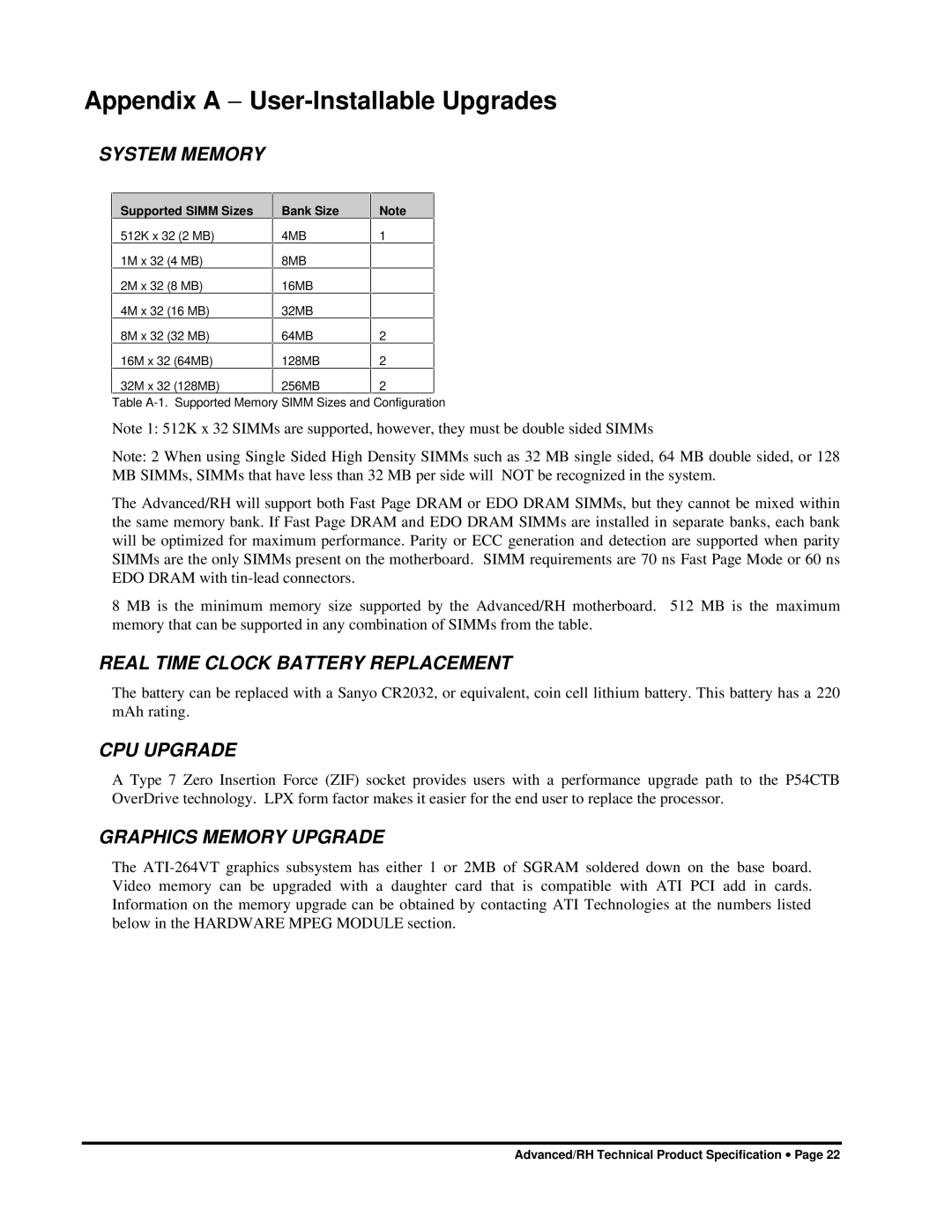 Intel 281809-003 manual Appendix a − User-Installable Upgrades, Real Time Clock Battery Replacement, CPU Upgrade 