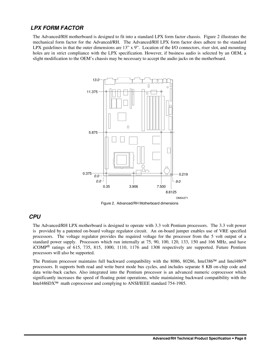 Intel 281809-003 manual LPX Form Factor, Cpu 