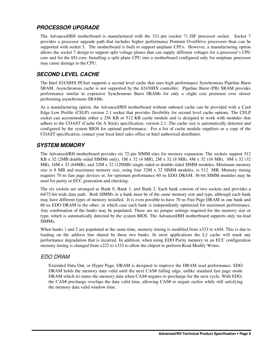 Intel 281809-003 manual Processor Upgrade, Second Level Cache, System Memory, EDO Dram 