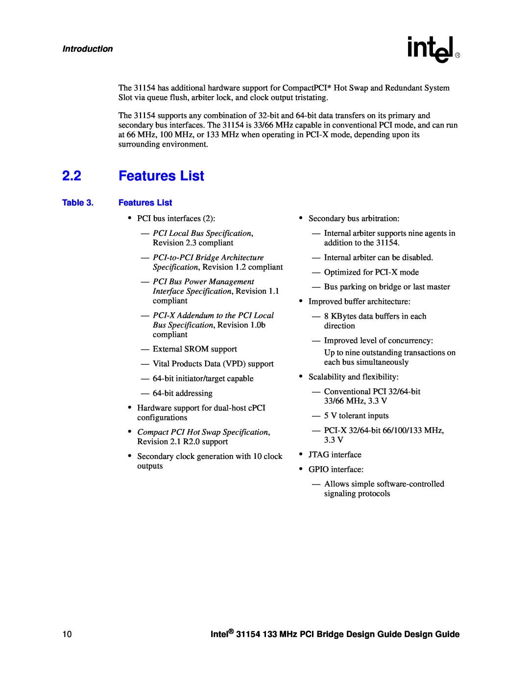 Intel 31154 manual Features List, PCI Local Bus Specification, Revision 2.3 compliant, Introduction 