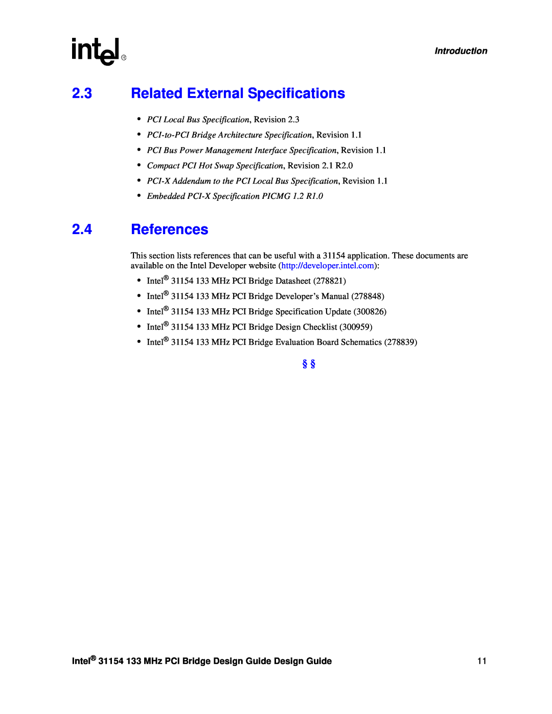 Intel 31154 manual Related External Specifications, References, PCI Local Bus Specification, Revision, Introduction 