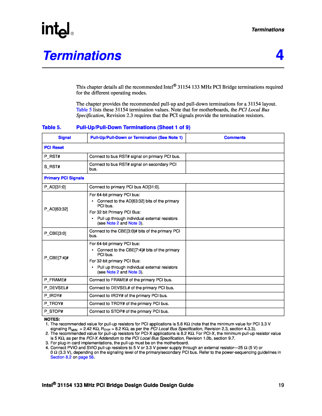 Intel 31154 manual Terminations4, Pull-Up/Pull-Down Terminations Sheet 1 of 