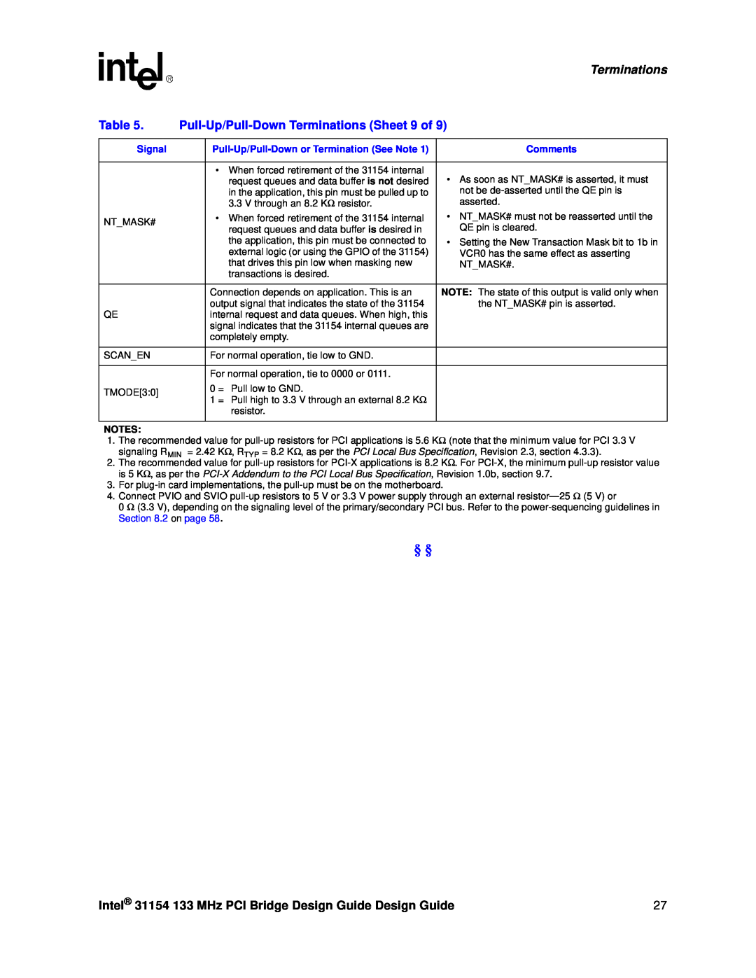 Intel manual Pull-Up/Pull-Down Terminations Sheet 9 of, Intel 31154 133 MHz PCI Bridge Design Guide Design Guide, Signal 