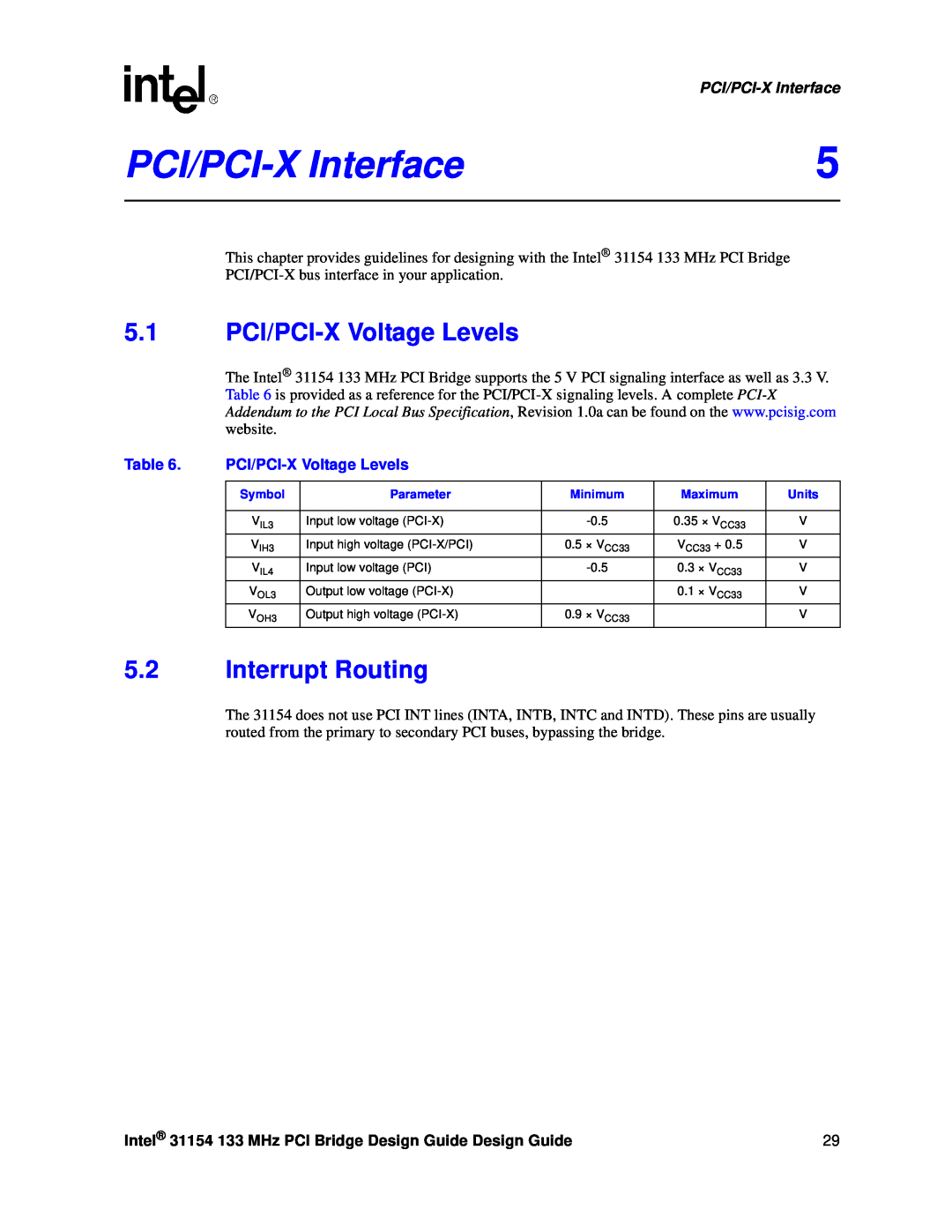 Intel 31154 manual PCI/PCI-X Interface, 5.1 PCI/PCI-X Voltage Levels, Interrupt Routing 