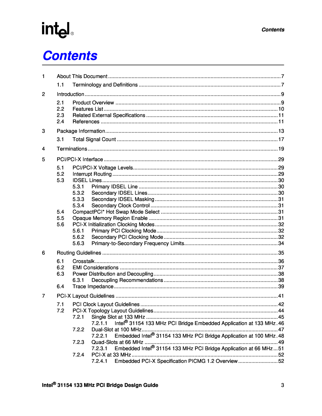 Intel manual Contents, Intel 31154 133 MHz PCI Bridge Design Guide 