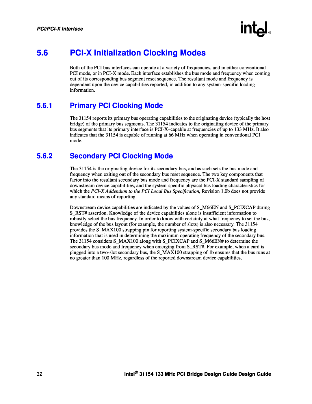 Intel 31154 manual PCI-X Initialization Clocking Modes, Primary PCI Clocking Mode, Secondary PCI Clocking Mode 