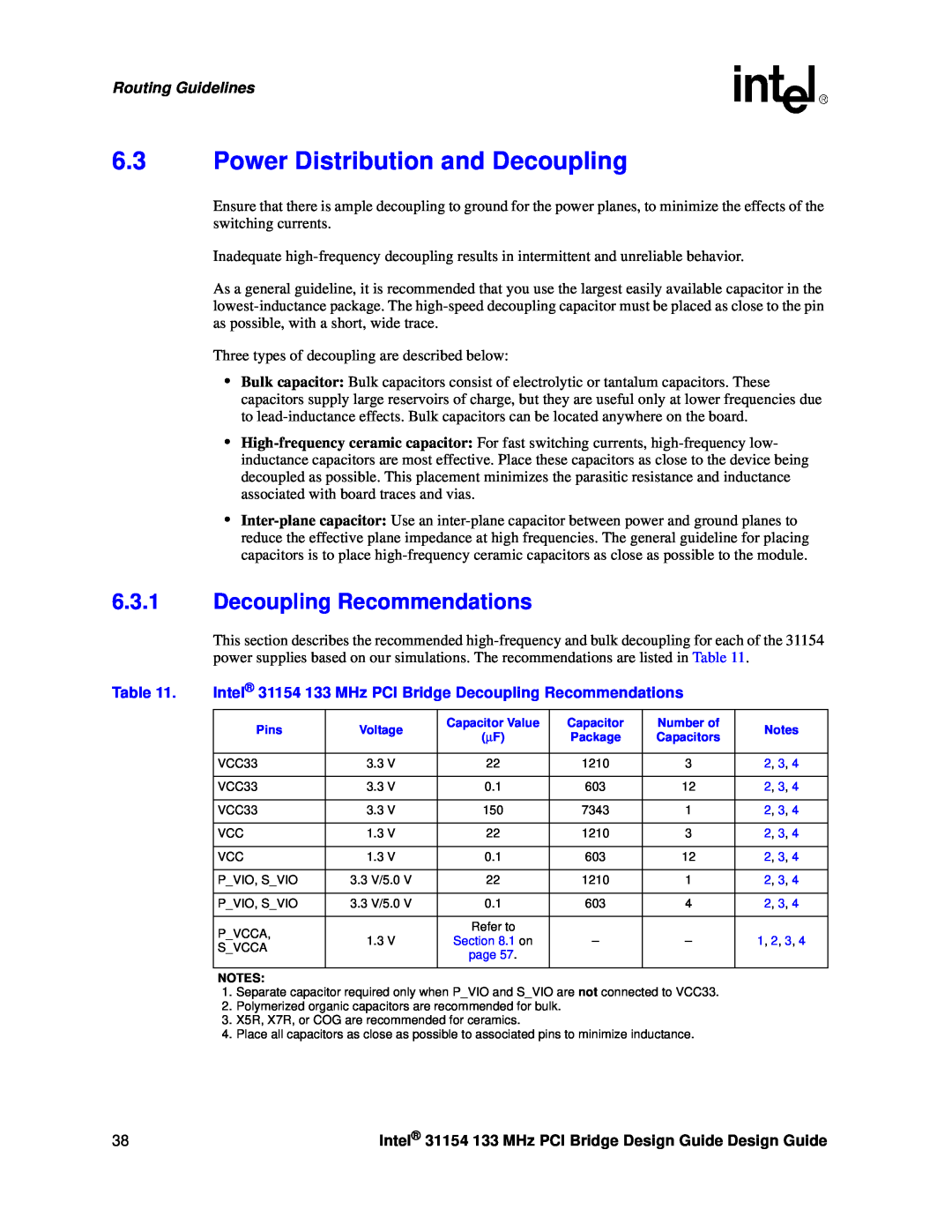 Intel 31154 manual Power Distribution and Decoupling, Decoupling Recommendations, Routing Guidelines 