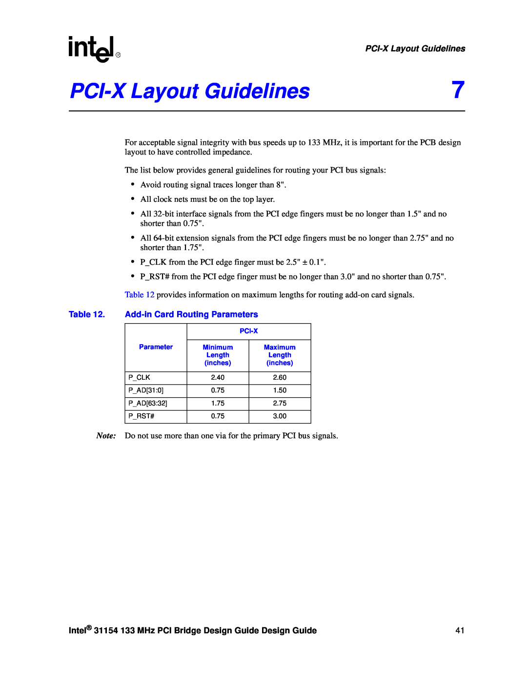 Intel 31154 manual PCI-X Layout Guidelines, Add-in Card Routing Parameters 