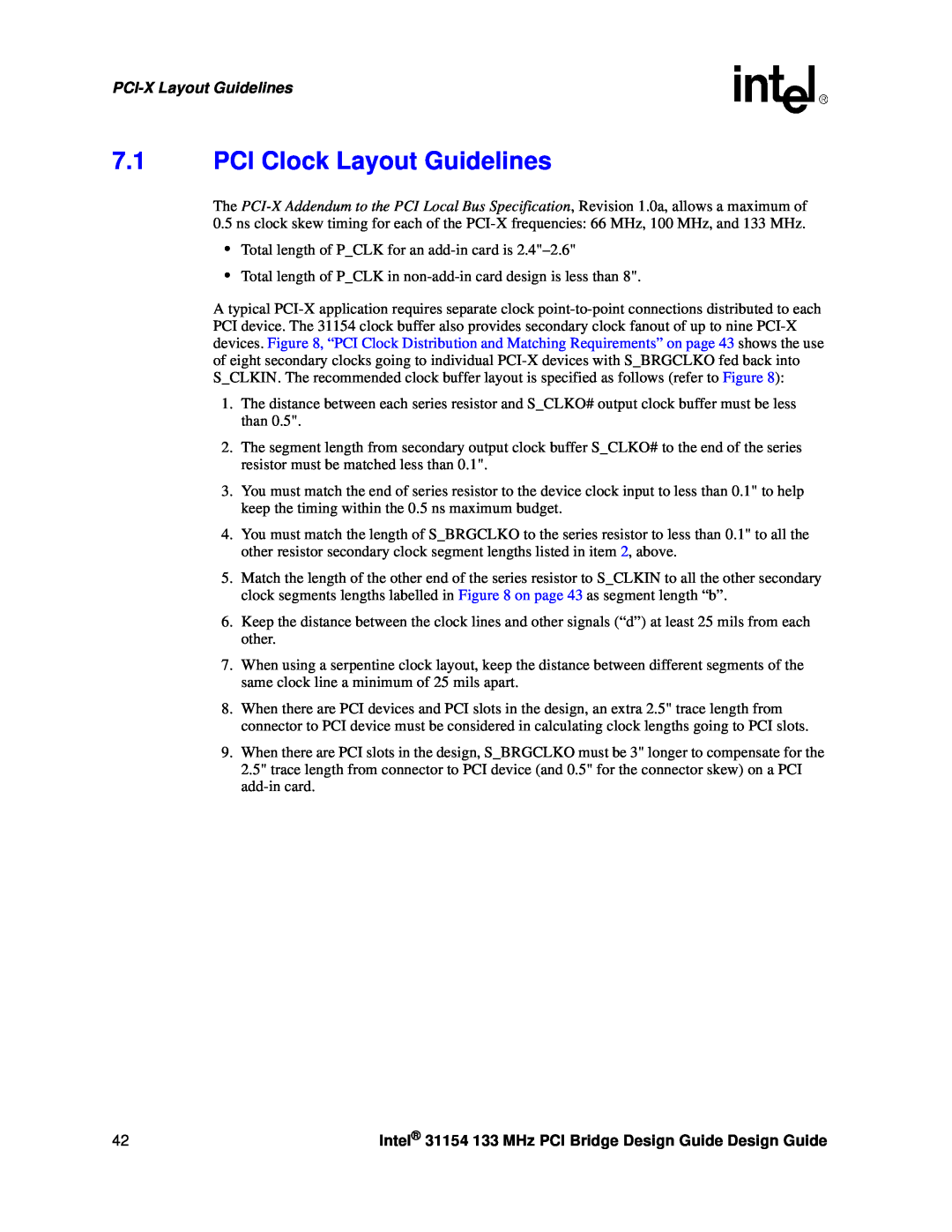 Intel PCI Clock Layout Guidelines, PCI-X Layout Guidelines, Intel 31154 133 MHz PCI Bridge Design Guide Design Guide 