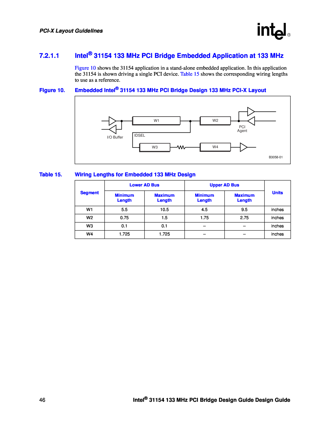 Intel 31154 manual Wiring Lengths for Embedded 133 MHz Design, PCI-X Layout Guidelines, B3058-01 