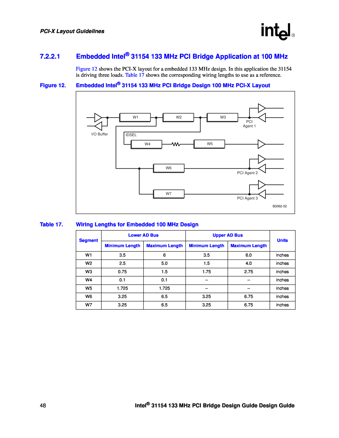 Intel 31154 manual Wiring Lengths for Embedded 100 MHz Design, PCI-X Layout Guidelines, Lower AD Bus, Upper AD Bus 