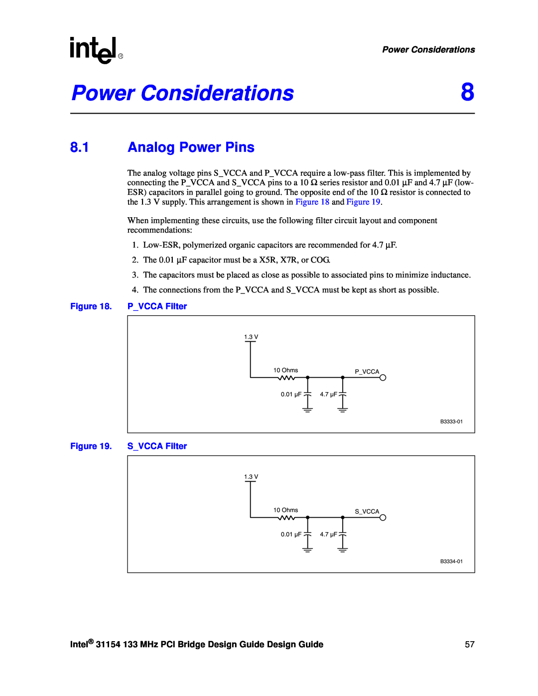 Intel manual Power Considerations, Analog Power Pins, Intel 31154 133 MHz PCI Bridge Design Guide Design Guide 