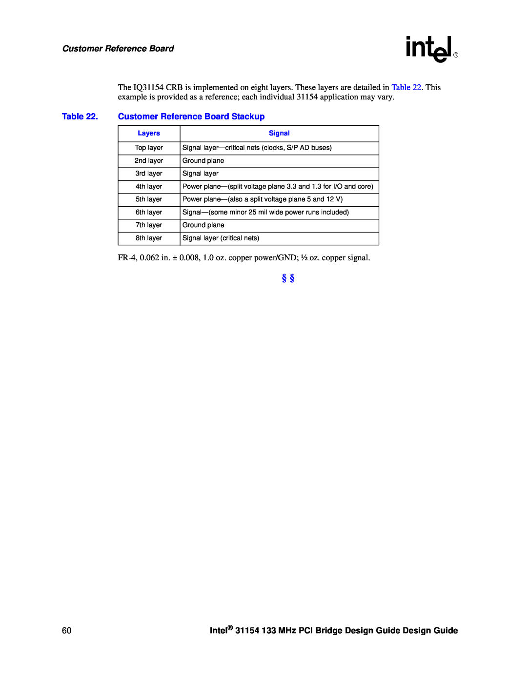 Intel manual Customer Reference Board Stackup, Intel 31154 133 MHz PCI Bridge Design Guide Design Guide 