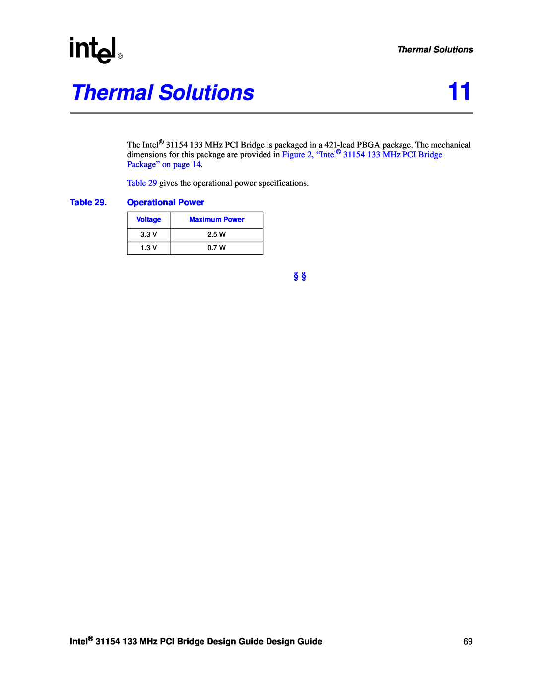 Intel manual Thermal Solutions, Operational Power, Intel 31154 133 MHz PCI Bridge Design Guide Design Guide, Voltage 