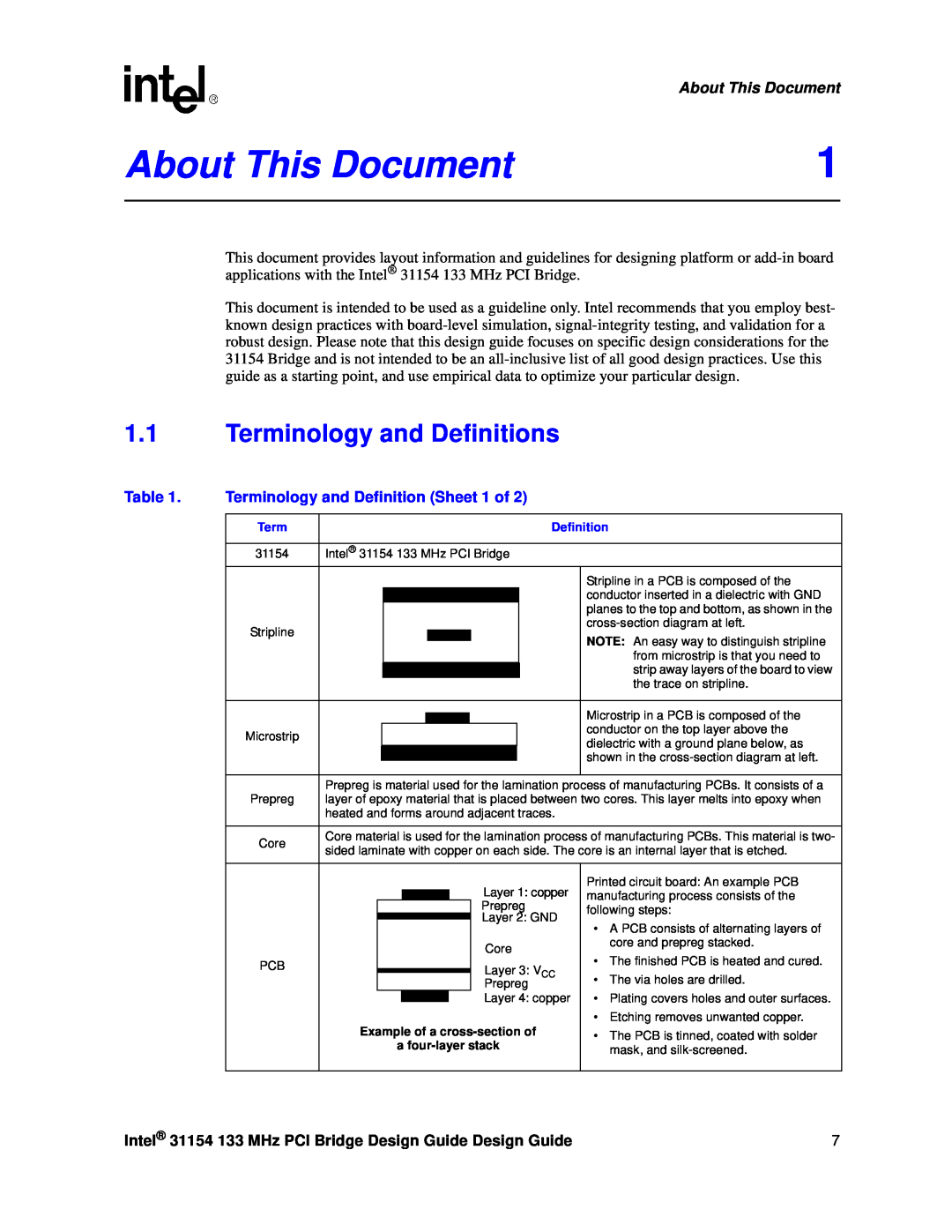 Intel 31154 manual About This Document, Terminology and Definitions, Terminology and Definition Sheet 1 of 