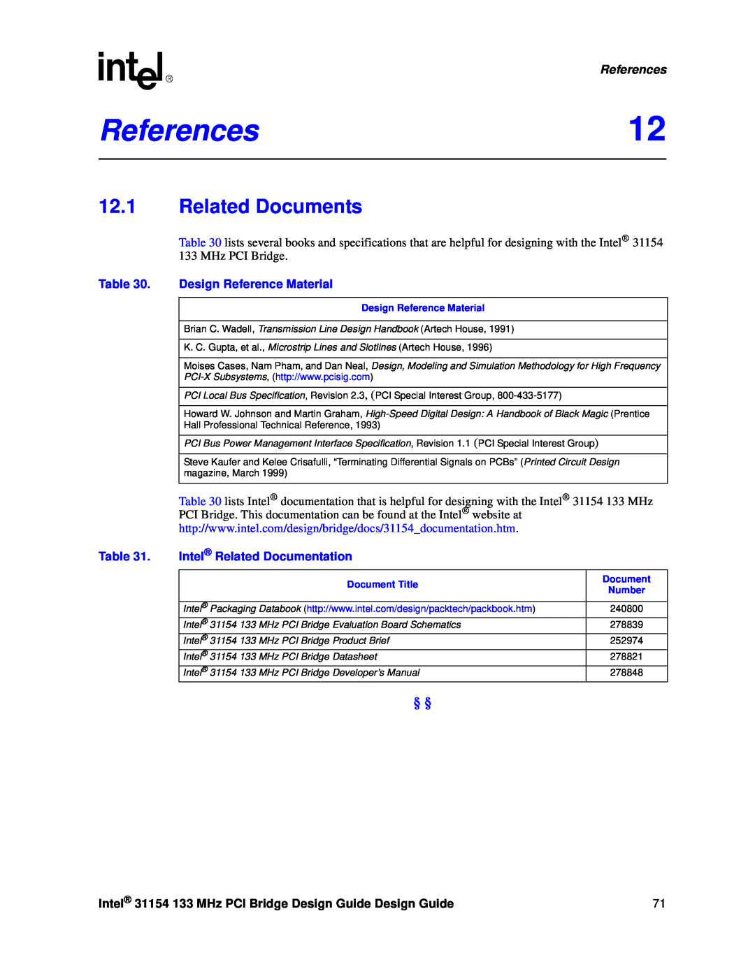 Intel 31154 manual References12, Related Documents, Design Reference Material, Intel Related Documentation, Document Title 