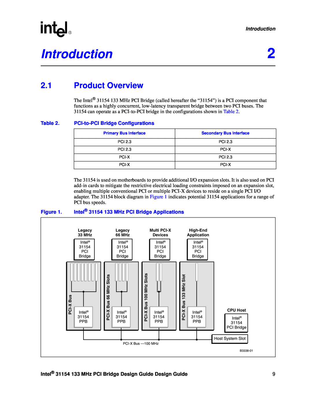 Intel Introduction2, Product Overview, PCI-to-PCI Bridge Configurations, Intel 31154 133 MHz PCI Bridge Applications 