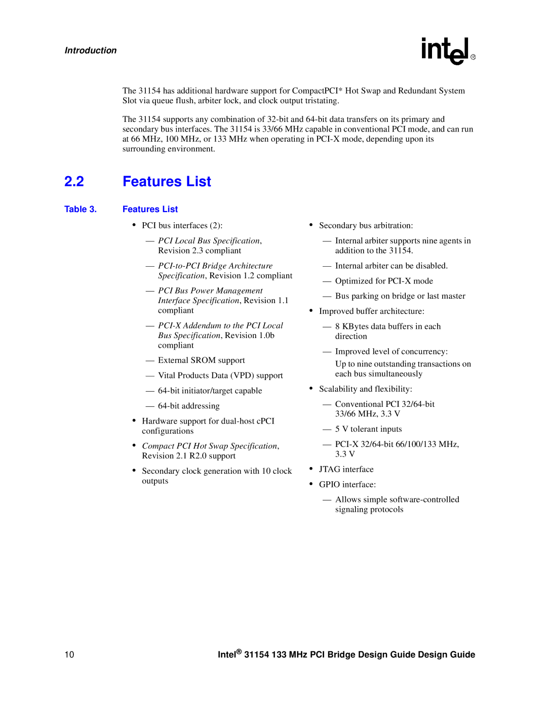 Intel 31154 manual Features List 