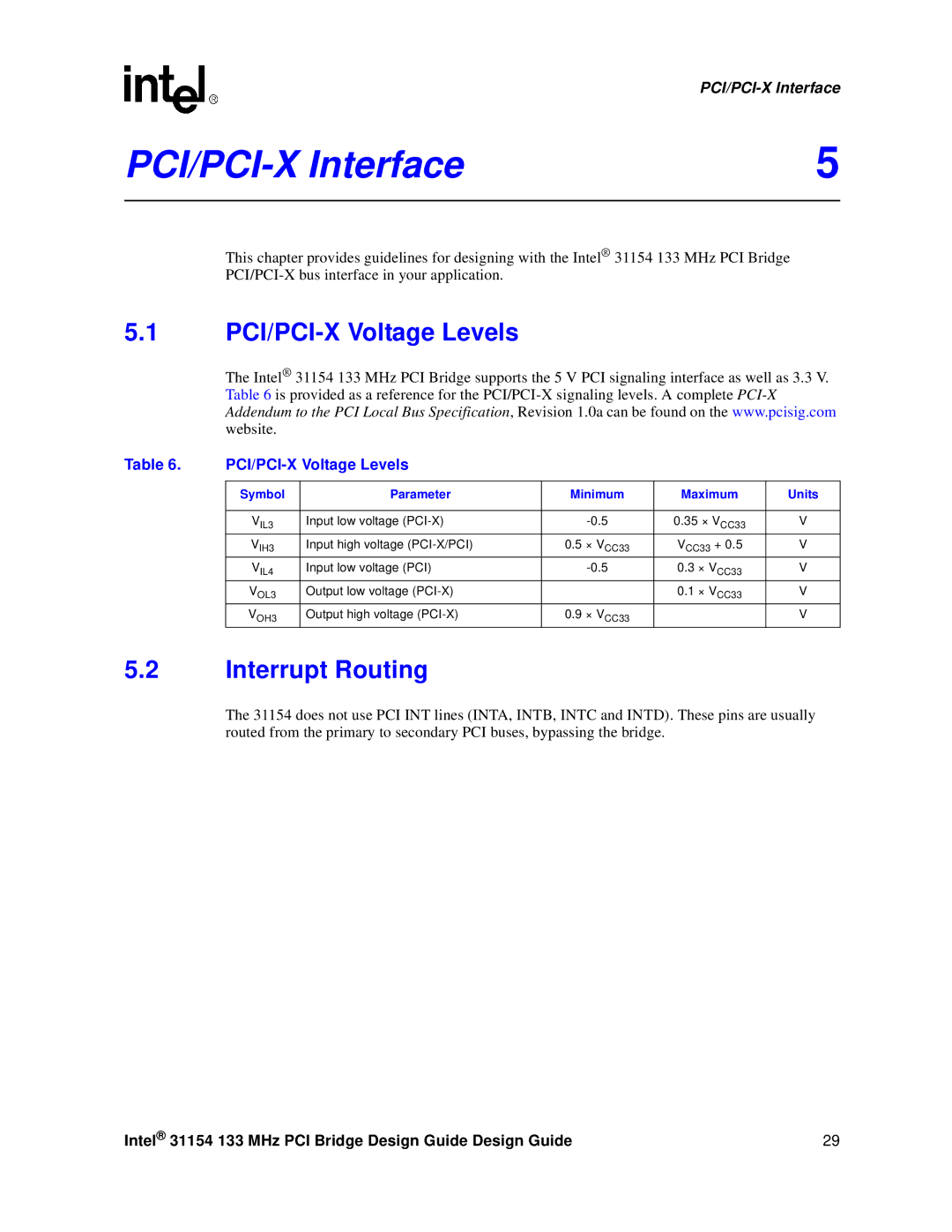 Intel 31154 manual PCI/PCI-X Interface, PCI/PCI-X Voltage Levels, Interrupt Routing, Parameter 