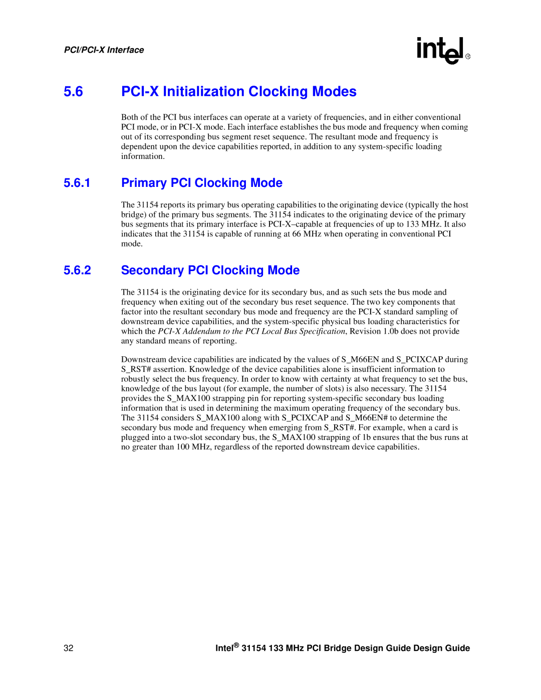 Intel 31154 manual PCI-X Initialization Clocking Modes, Primary PCI Clocking Mode, Secondary PCI Clocking Mode 