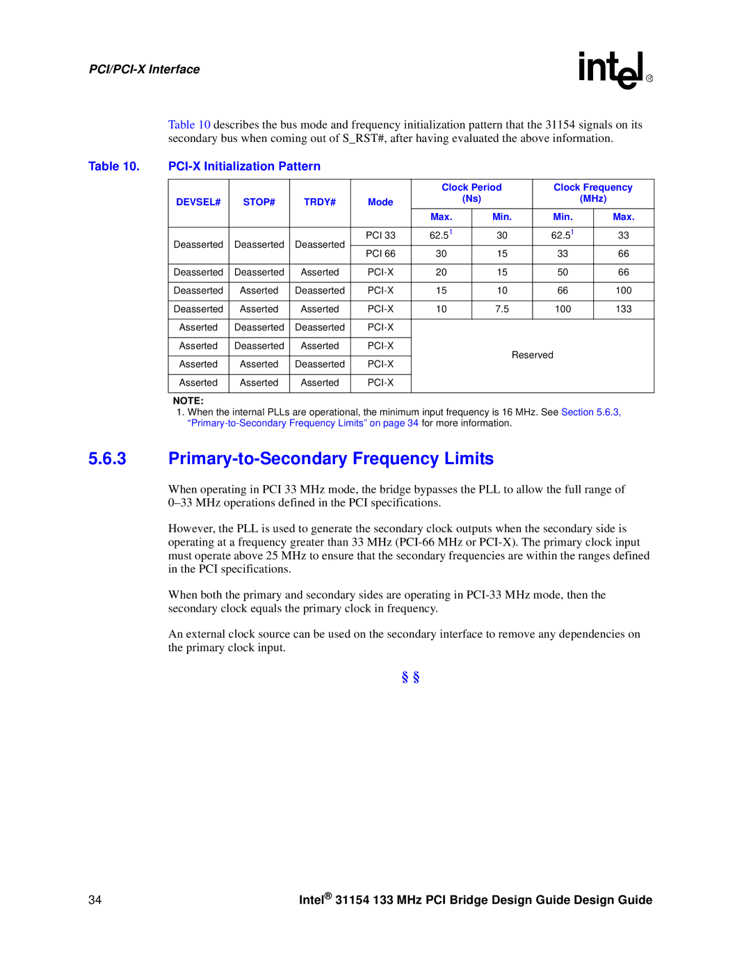 Intel 31154 manual Primary-to-Secondary Frequency Limits, PCI-X Initialization Pattern, Clock Frequency, MHz, Max Min 