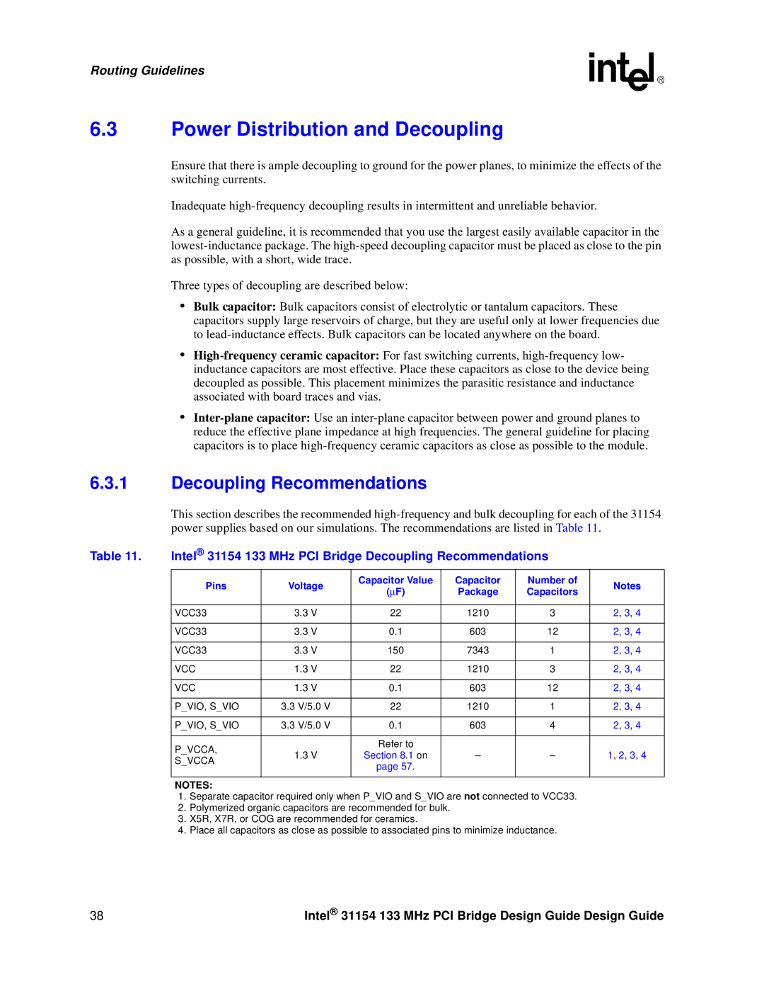 Intel 31154 Power Distribution and Decoupling, Decoupling Recommendations, Pins Voltage Capacitor Value Number, Capacitors 