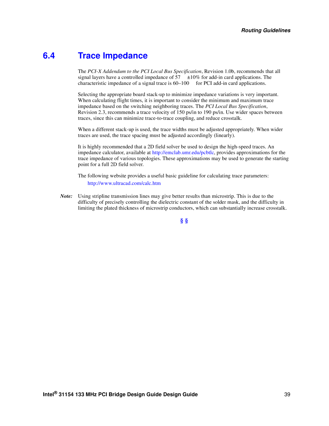 Intel 31154 manual Trace Impedance 