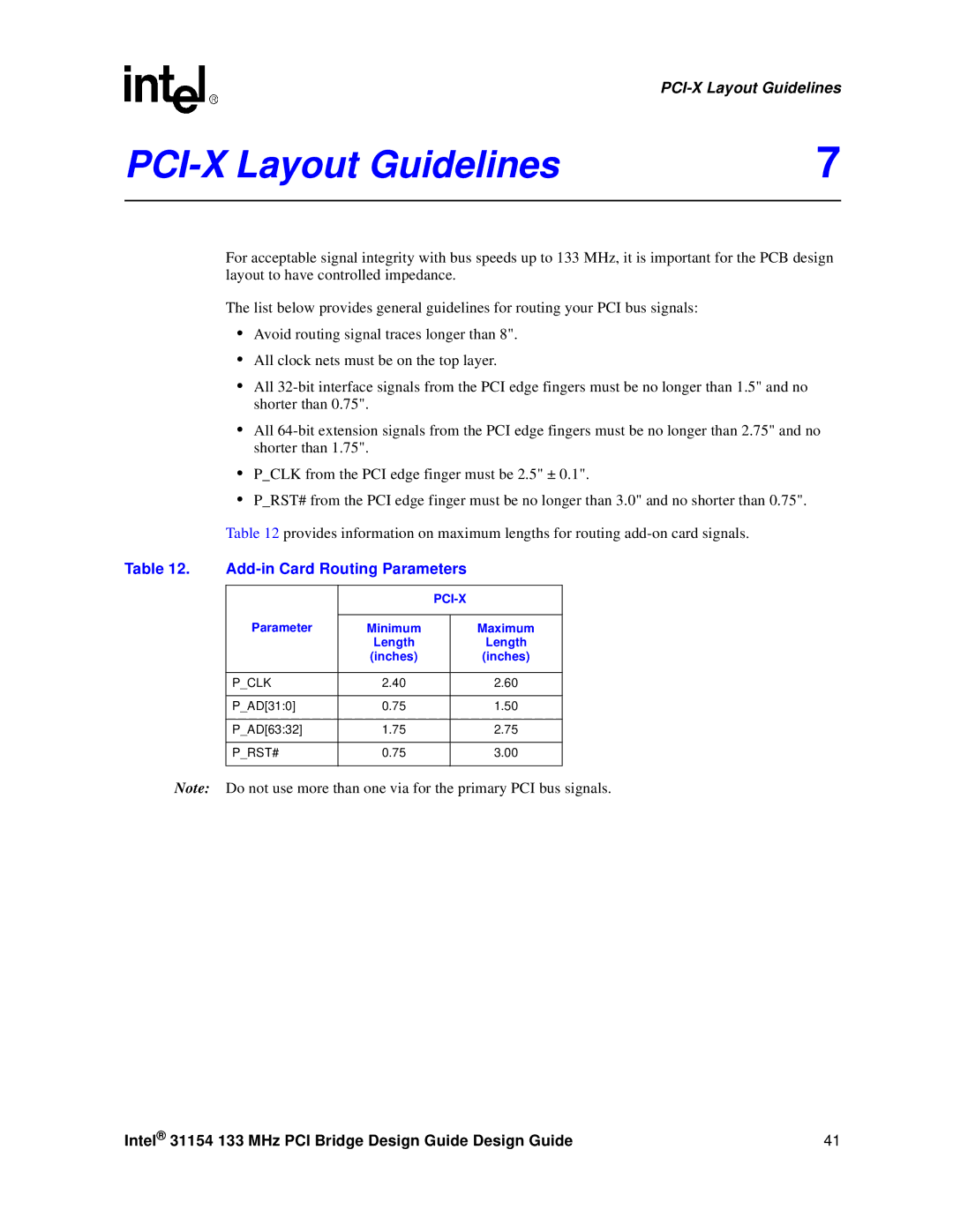 Intel 31154 manual PCI-X Layout Guidelines, Add-in Card Routing Parameters 