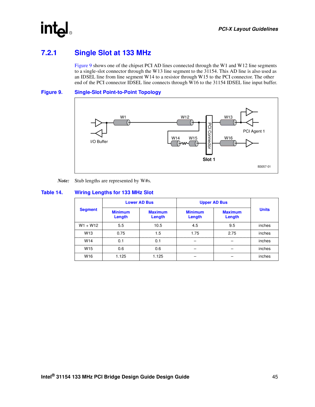 Intel 31154 manual Single Slot at 133 MHz, Wiring Lengths for 133 MHz Slot, Lower AD Bus Upper AD Bus Segment, Maximum 