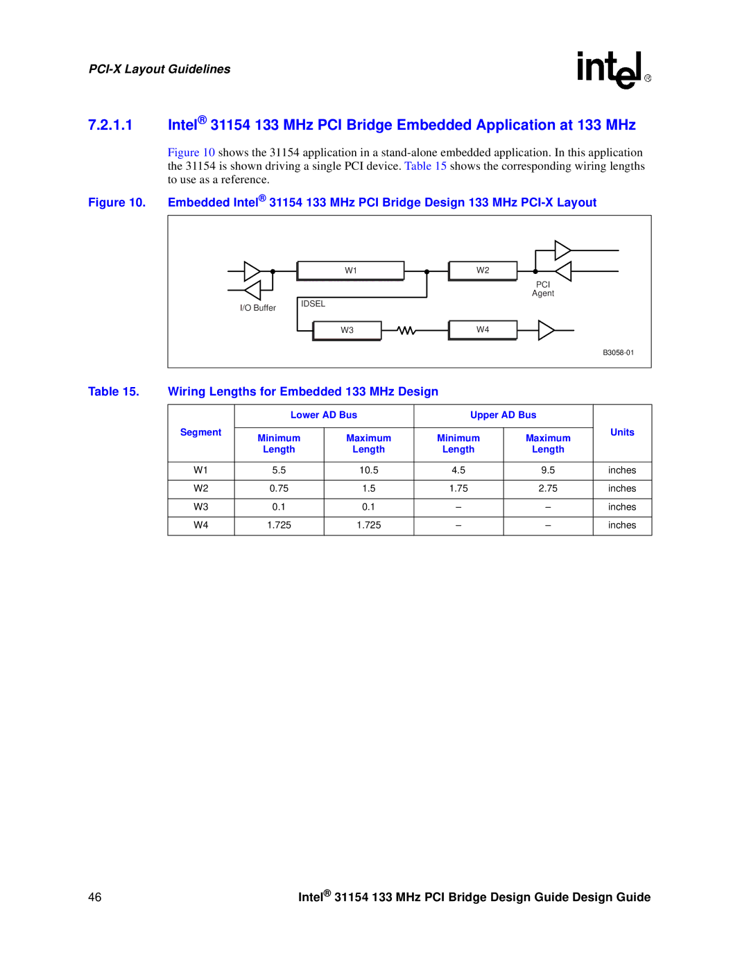 Intel 31154 manual Wiring Lengths for Embedded 133 MHz Design, Lower AD Bus Upper AD Bus 