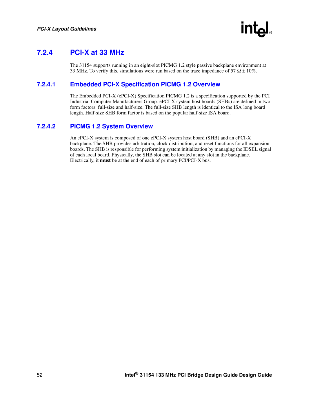 Intel 31154 manual PCI-X at 33 MHz, Embedded PCI-X Specification Picmg 1.2 Overview 