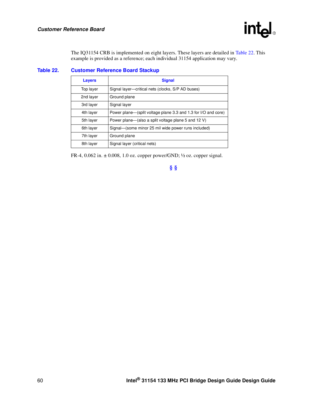 Intel 31154 manual Customer Reference Board Stackup, Signal 