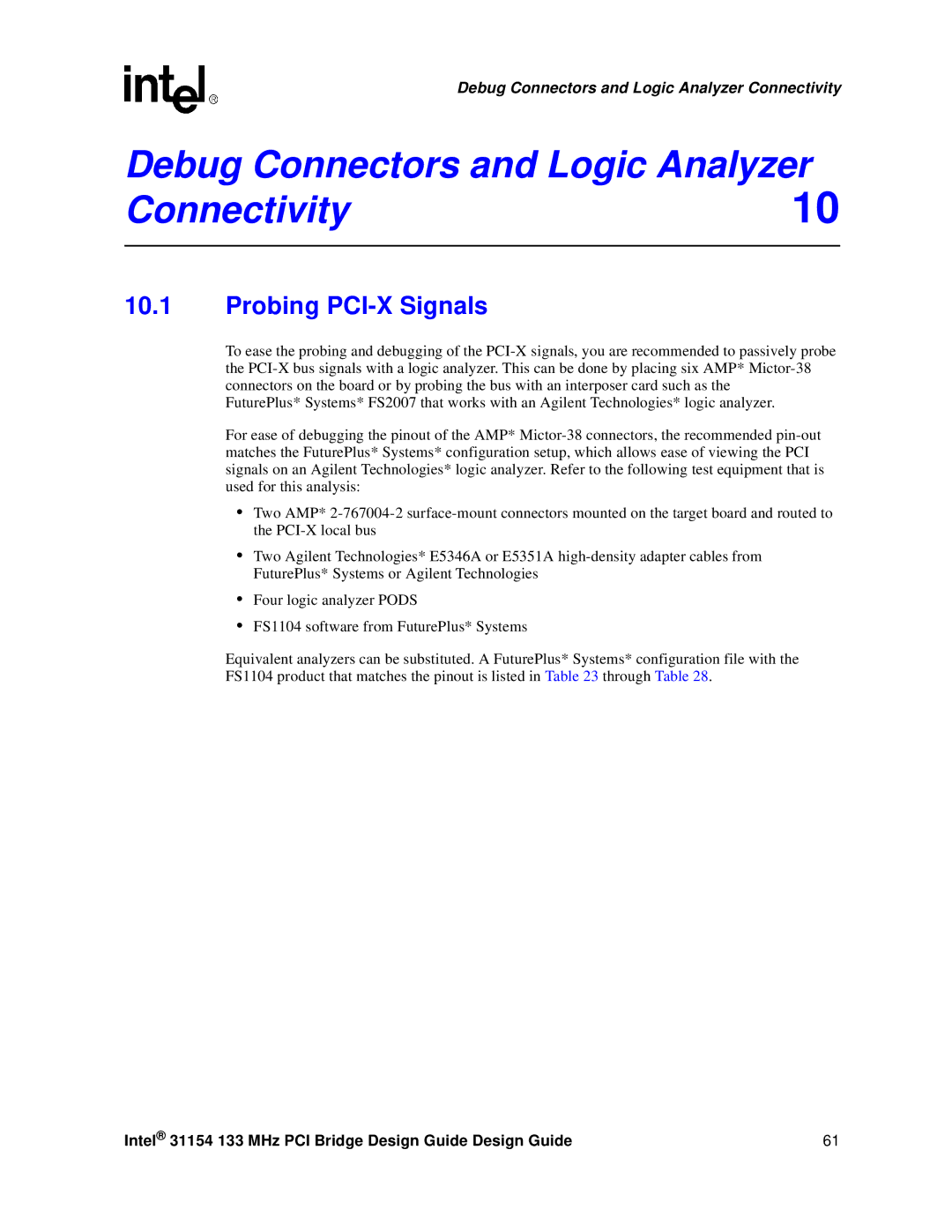 Intel 31154 manual Debug Connectors and Logic Analyzer Connectivity10, Probing PCI-X Signals 