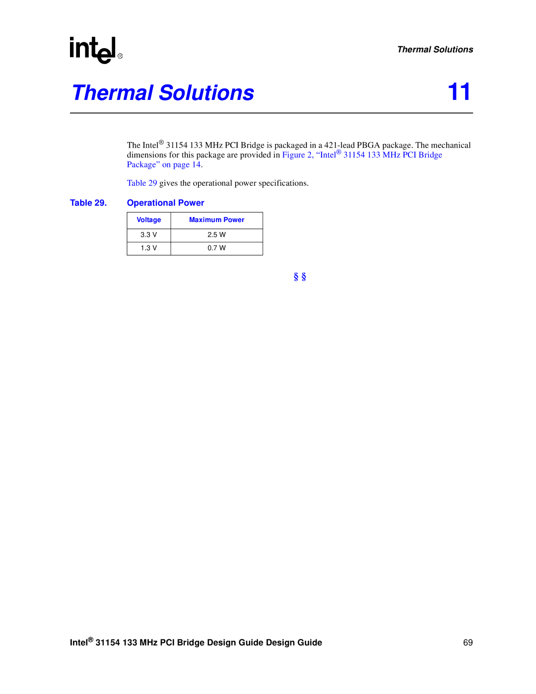 Intel 31154 manual Thermal Solutions, Operational Power, Voltage Maximum Power 