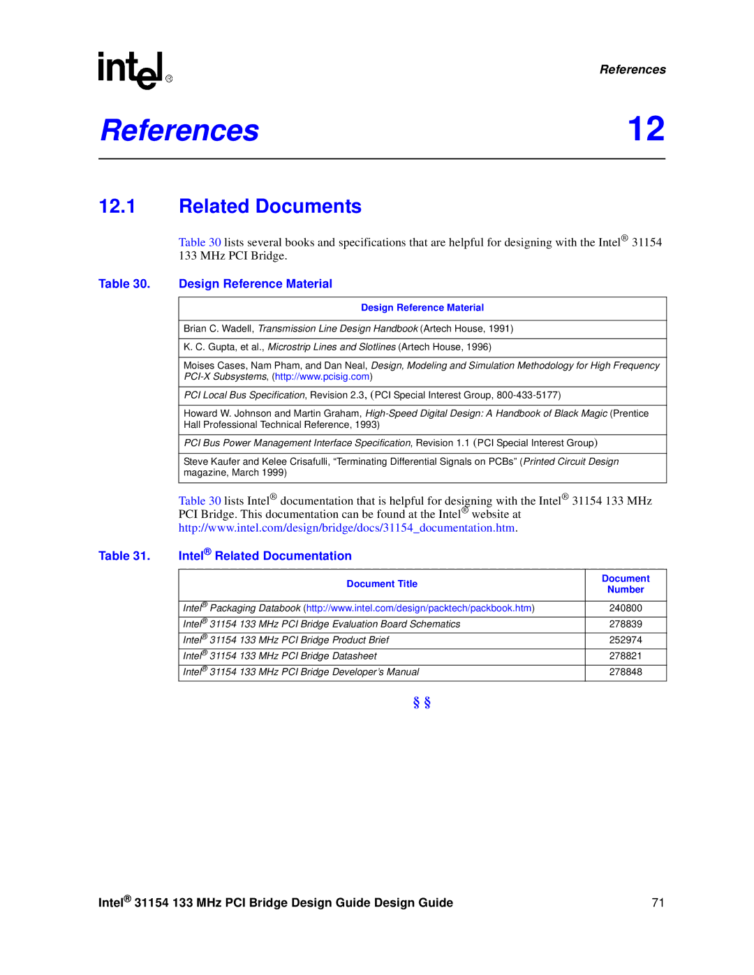 Intel 31154 manual References12, Related Documents, Design Reference Material 