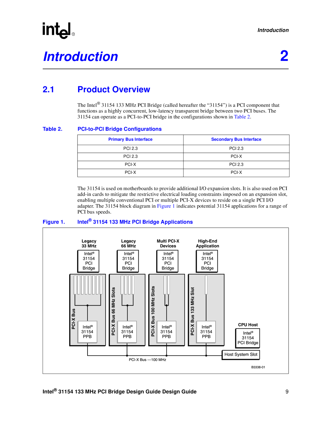 Intel Introduction2, Product Overview, PCI-to-PCI Bridge Configurations, Intel 31154 133 MHz PCI Bridge Applications 