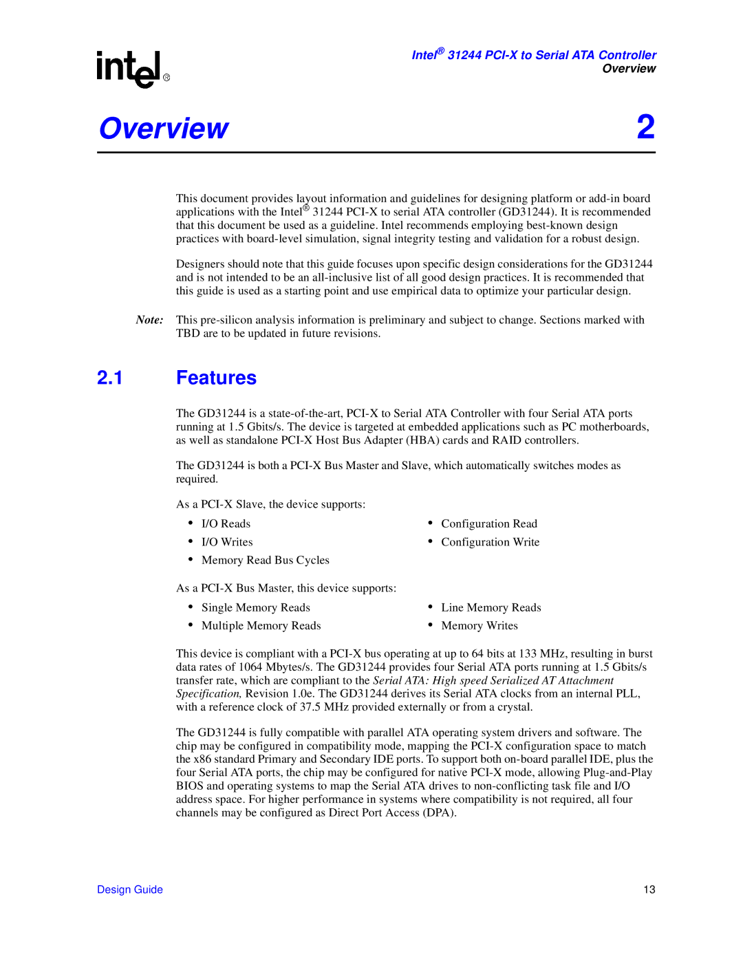 Intel 31244 PCI-X manual Overview, Features 