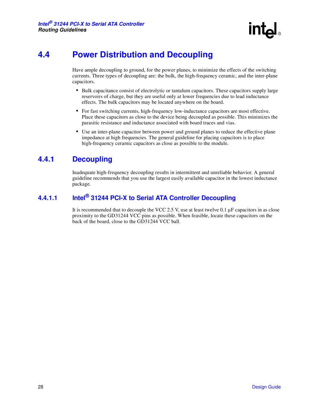 Intel 31244 PCI-X manual Power Distribution and Decoupling 