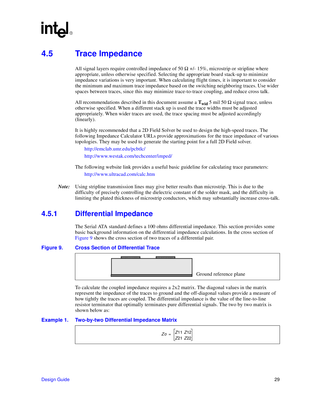 Intel 31244 PCI-X manual Trace Impedance, Example 1. Two-by-two Differential Impedance Matrix 