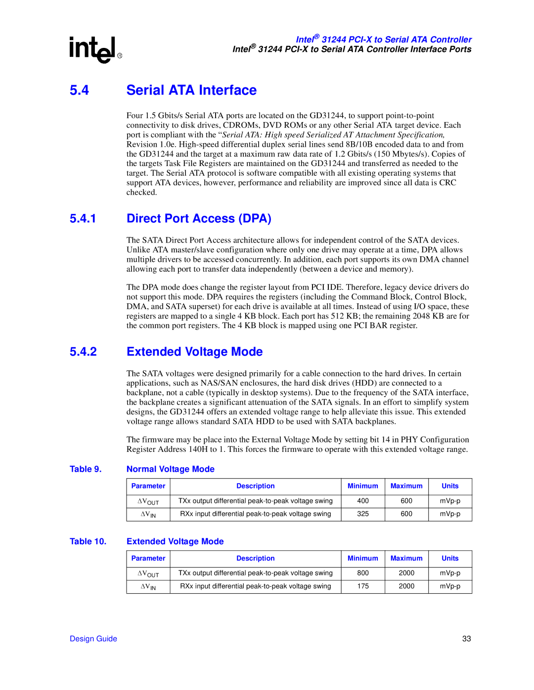 Intel 31244 PCI-X manual Serial ATA Interface, Direct Port Access DPA, Extended Voltage Mode, Normal Voltage Mode 