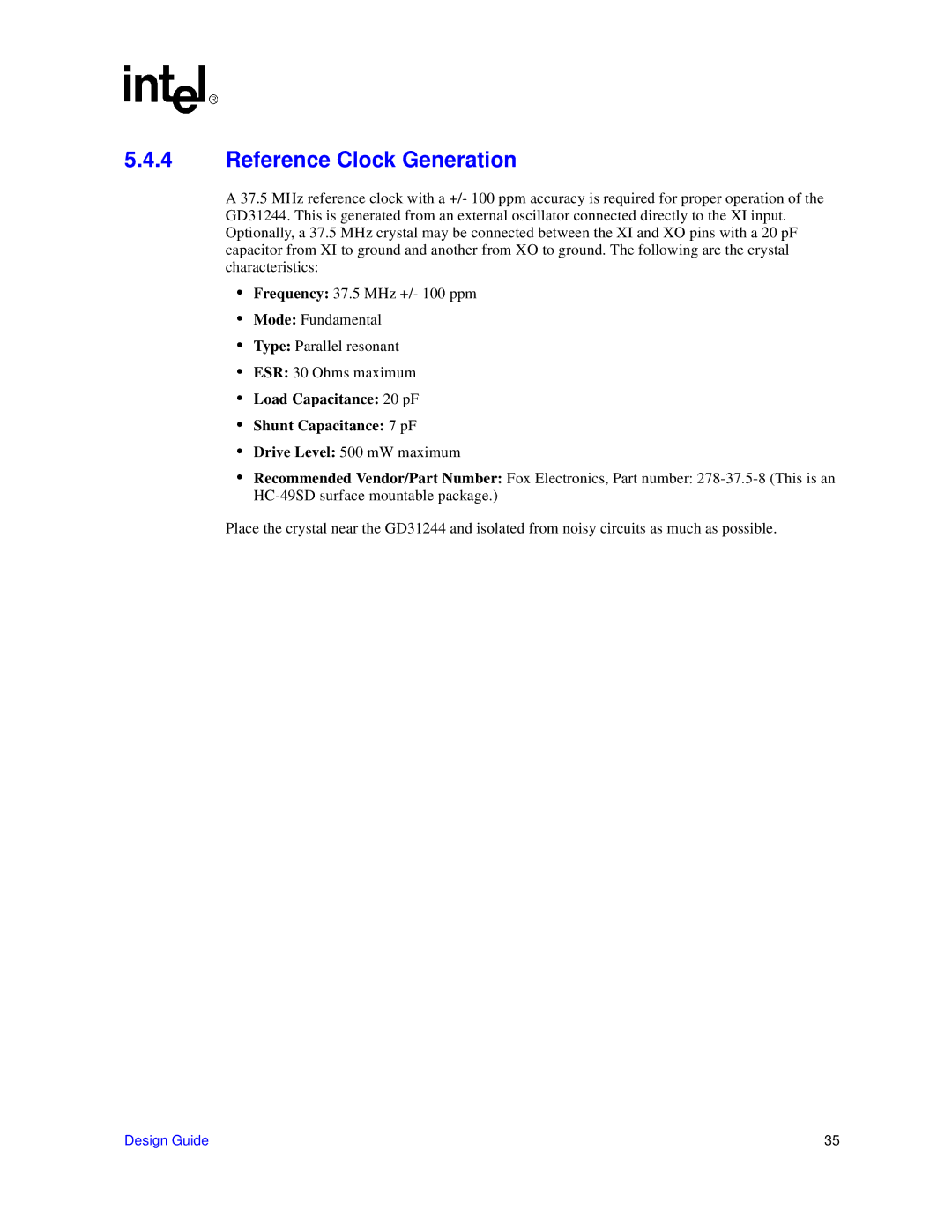 Intel 31244 PCI-X manual Reference Clock Generation, Load Capacitance 20 pF Shunt Capacitance 7 pF 