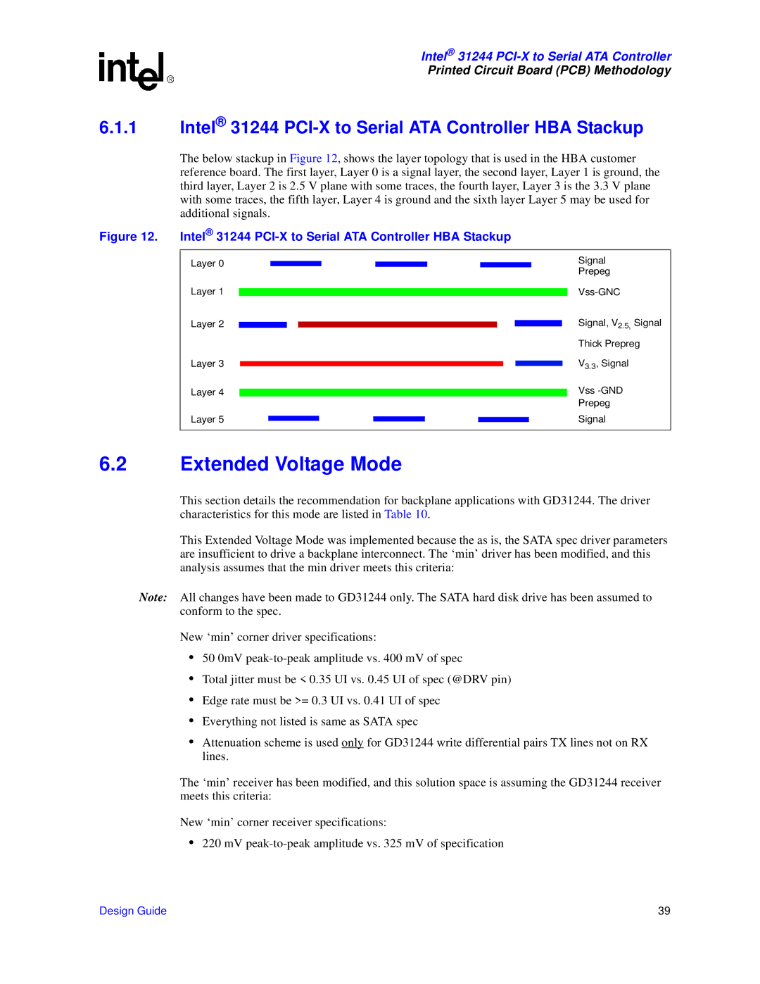 Intel manual Extended Voltage Mode, Intel 31244 PCI-X to Serial ATA Controller HBA Stackup 